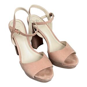Vince Camuto Block Heels Sandals Sz 9 Tan Suede Leather Pump Shoes Retro Neutral